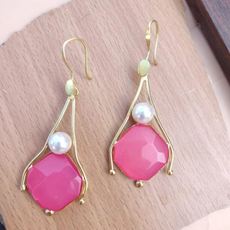 Gold-Plated Stone & Pearl Studded Dangler Earrings (MERDRP178)