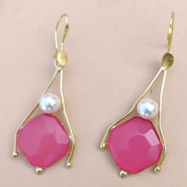 Gold-Plated Stone & Pearl Studded Dangler Earrings (MERDRP178)