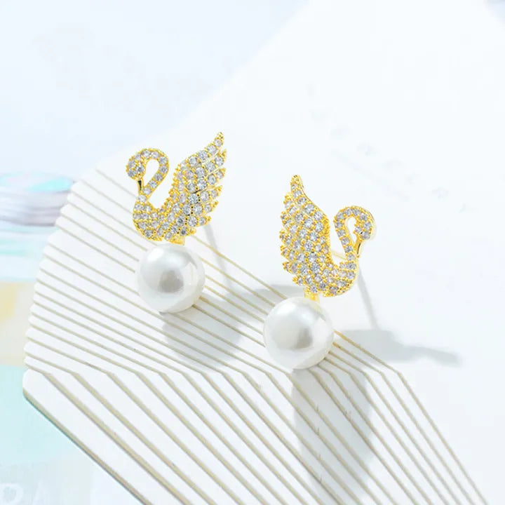 Gold-Plated Swan Design Pearl & Crystal Stone Studded Earrings