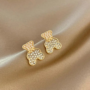 Gold-Plated Teddy Bear Shaped Korean Rhinestone & Pearl Earrings