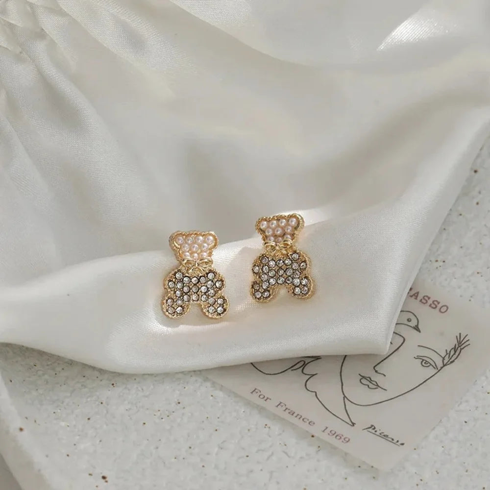 Gold-Plated Teddy Bear Shaped Korean Rhinestone & Pearl Earrings