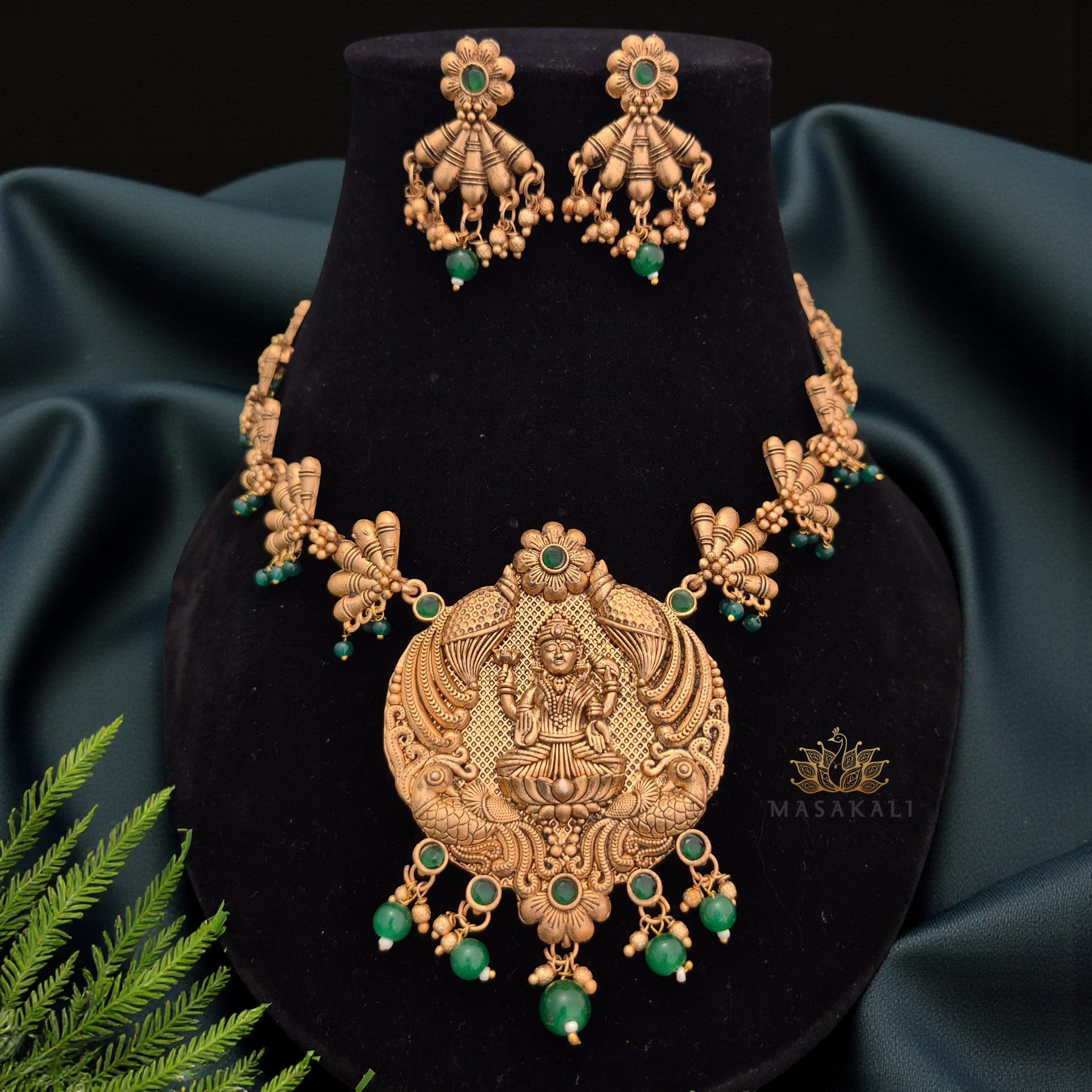 Gold-Plated Traditional Temple Lakshmi Necklace Set (Green)