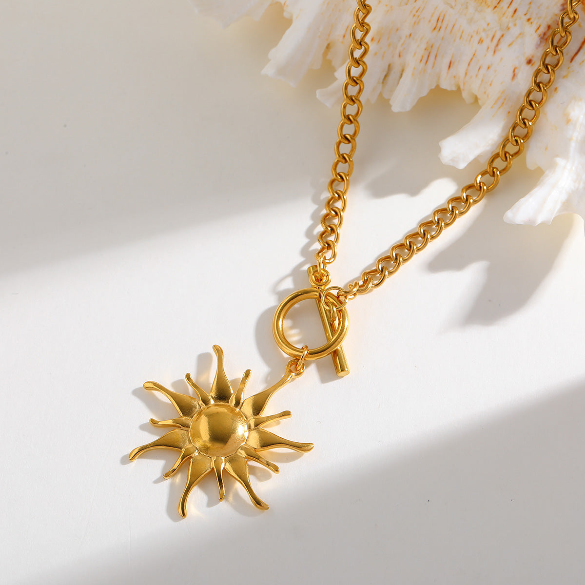 Gold-Plated Waterproof Celestial Sun Pendant Toggle Lock Necklace