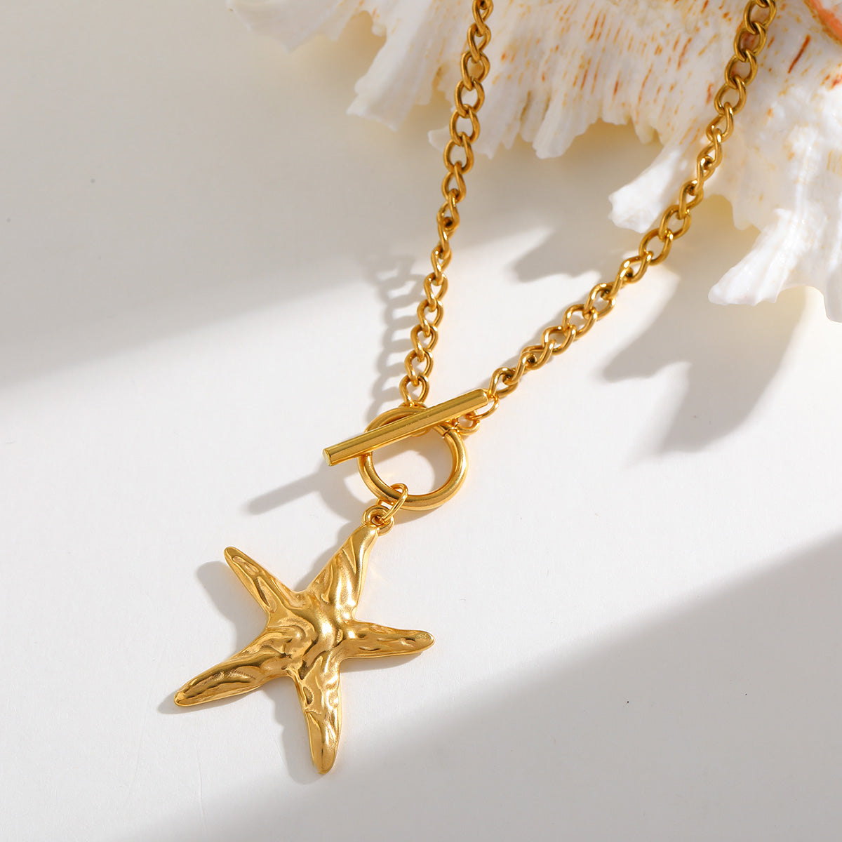 Gold-Plated Waterproof Starfish Toggle Pendant Beach Style Necklace