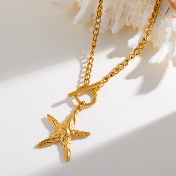 Gold-Plated Waterproof Starfish Toggle Pendant Beach Style Necklace