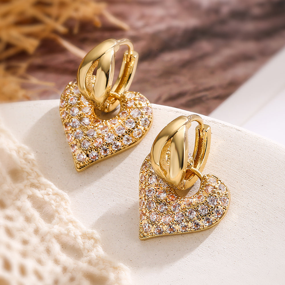 Gold-Plated Zirconia Embellished Heart Shaped Drop Earrings