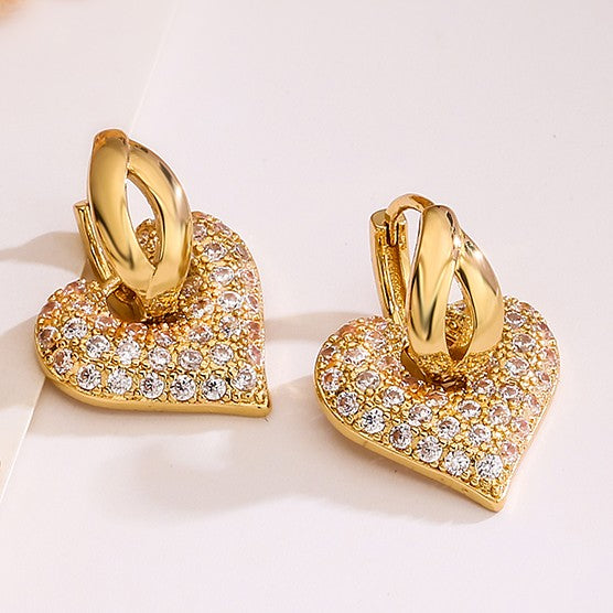 Gold-Plated Zirconia Embellished Heart Shaped Drop Earrings