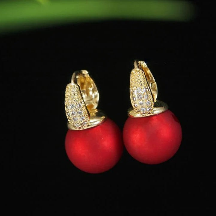 Gold-Plated Zirconia Embellished Red Pearl Korean Earrings