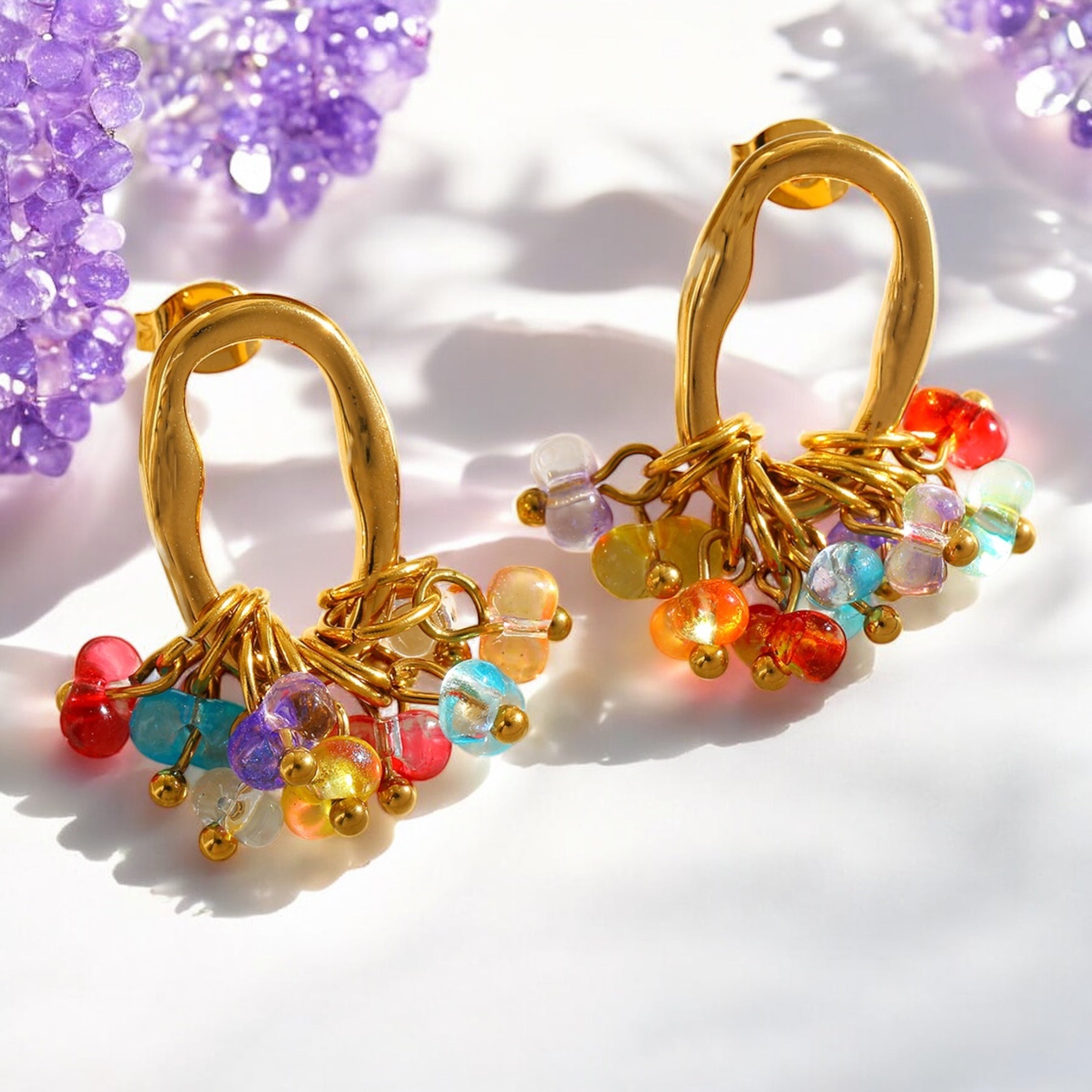 Gold-Tone Anti-Tarnish Colorful Beaded Drop Earrings