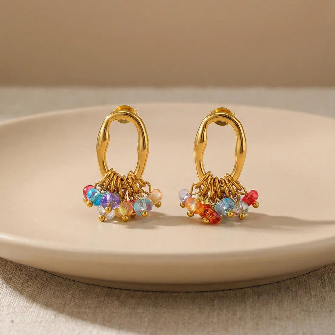 Gold-Tone Anti-Tarnish Colorful Beaded Drop Earrings
