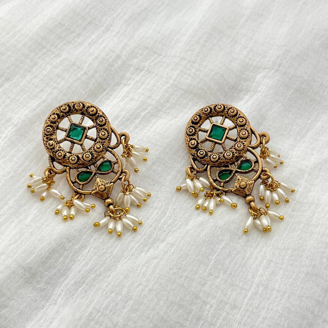 Gold-Toned Antique Green Stone Guttapusalu Earrings