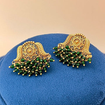 Gold-Toned Green Pearl Stone Embellished Antique Earrings