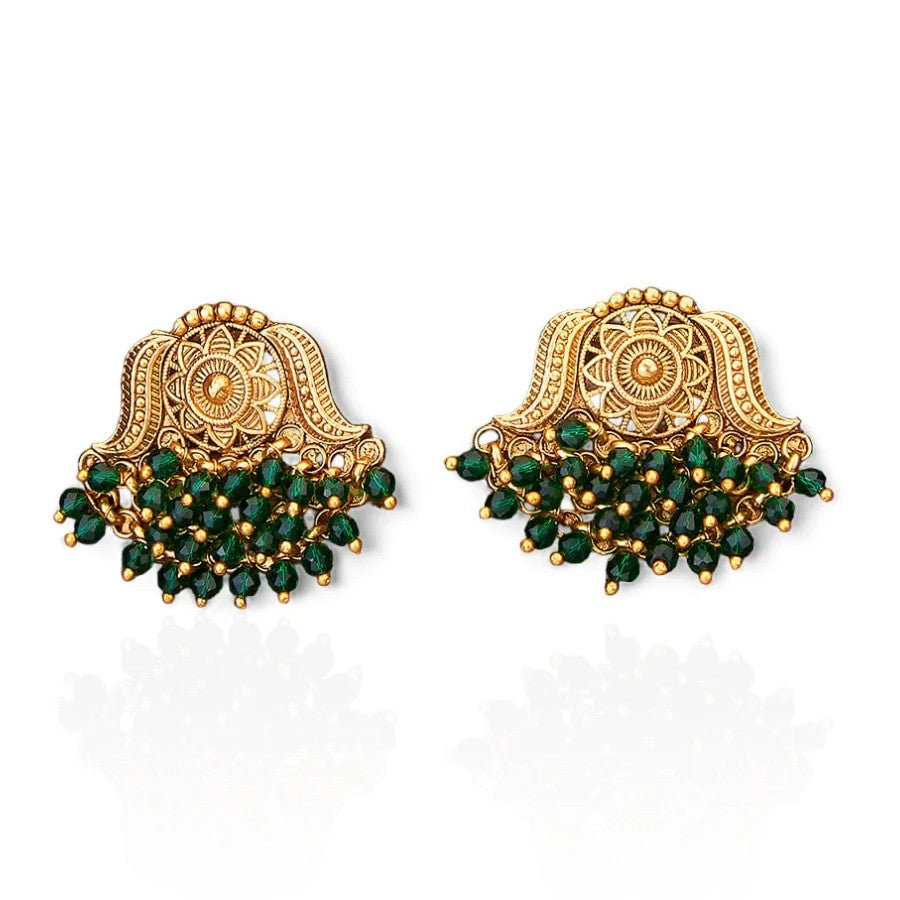 Gold-Toned Green Pearl Stone Embellished Antique Earrings