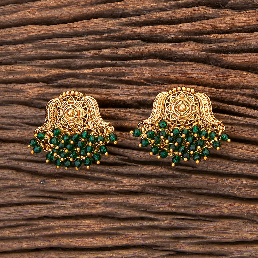 Gold-Toned Green Pearl Stone Embellished Antique Earrings