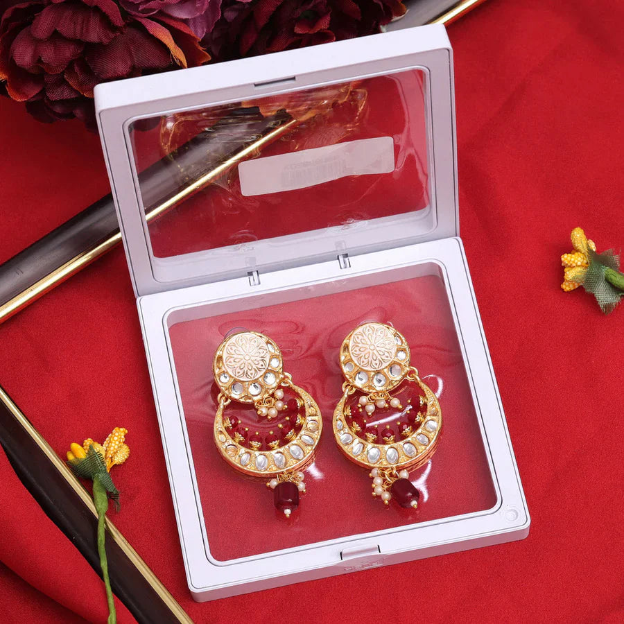 Gold-Toned Kundan Embellished Chandbali Earrings, Maroon