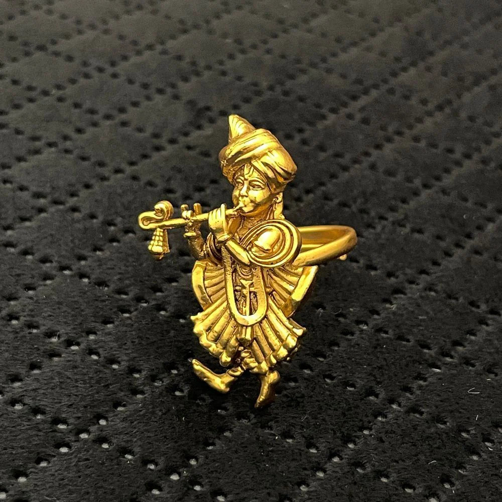 Gold-Toned Lord Krishna Playing Flute Adjustable Temple Ring