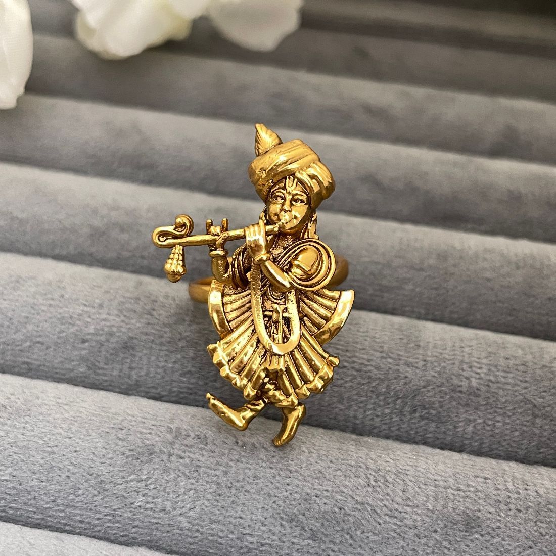 Gold-Toned Lord Krishna Playing Flute Adjustable Temple Ring