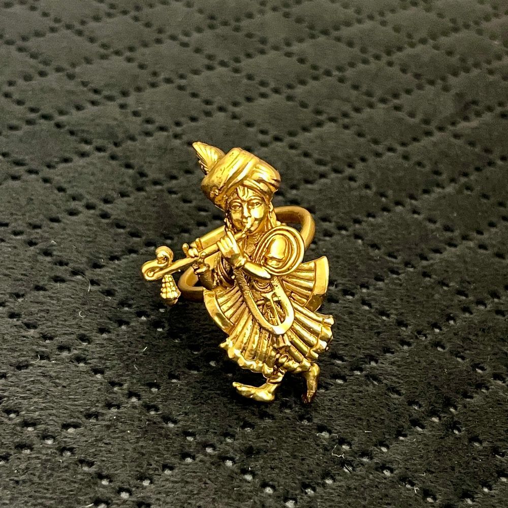 Gold-Toned Lord Krishna Playing Flute Adjustable Temple Ring