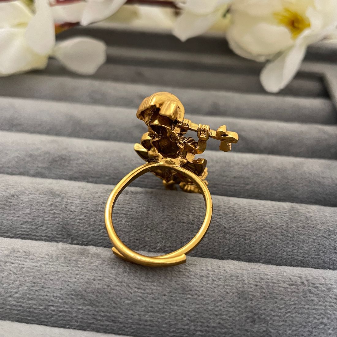 Gold-Toned Lord Krishna Playing Flute Adjustable Temple Ring