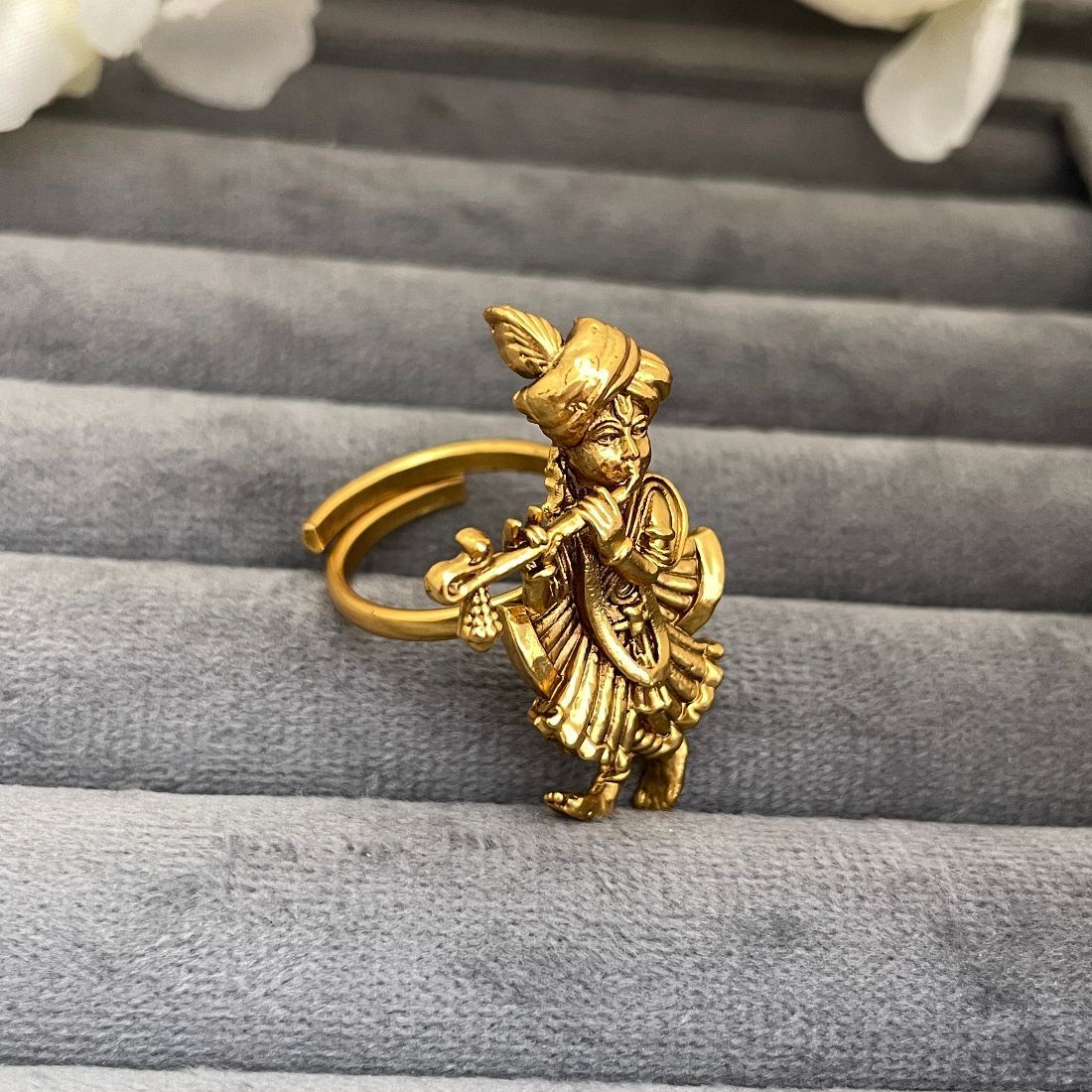 Gold-Toned Lord Krishna Playing Flute Adjustable Temple Ring