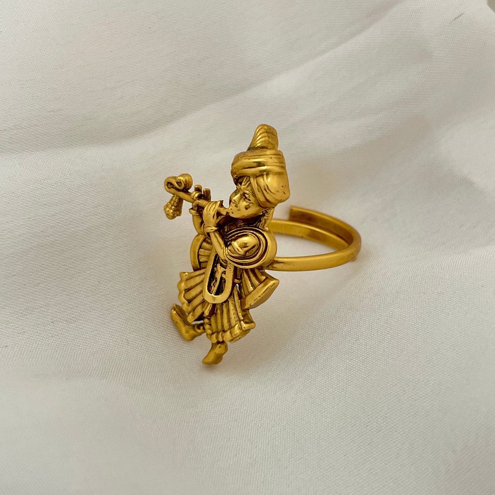 Gold-Toned Lord Krishna Playing Flute Adjustable Temple Ring