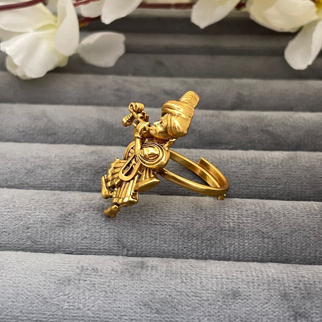 Gold-Toned Lord Krishna Playing Flute Adjustable Temple Ring
