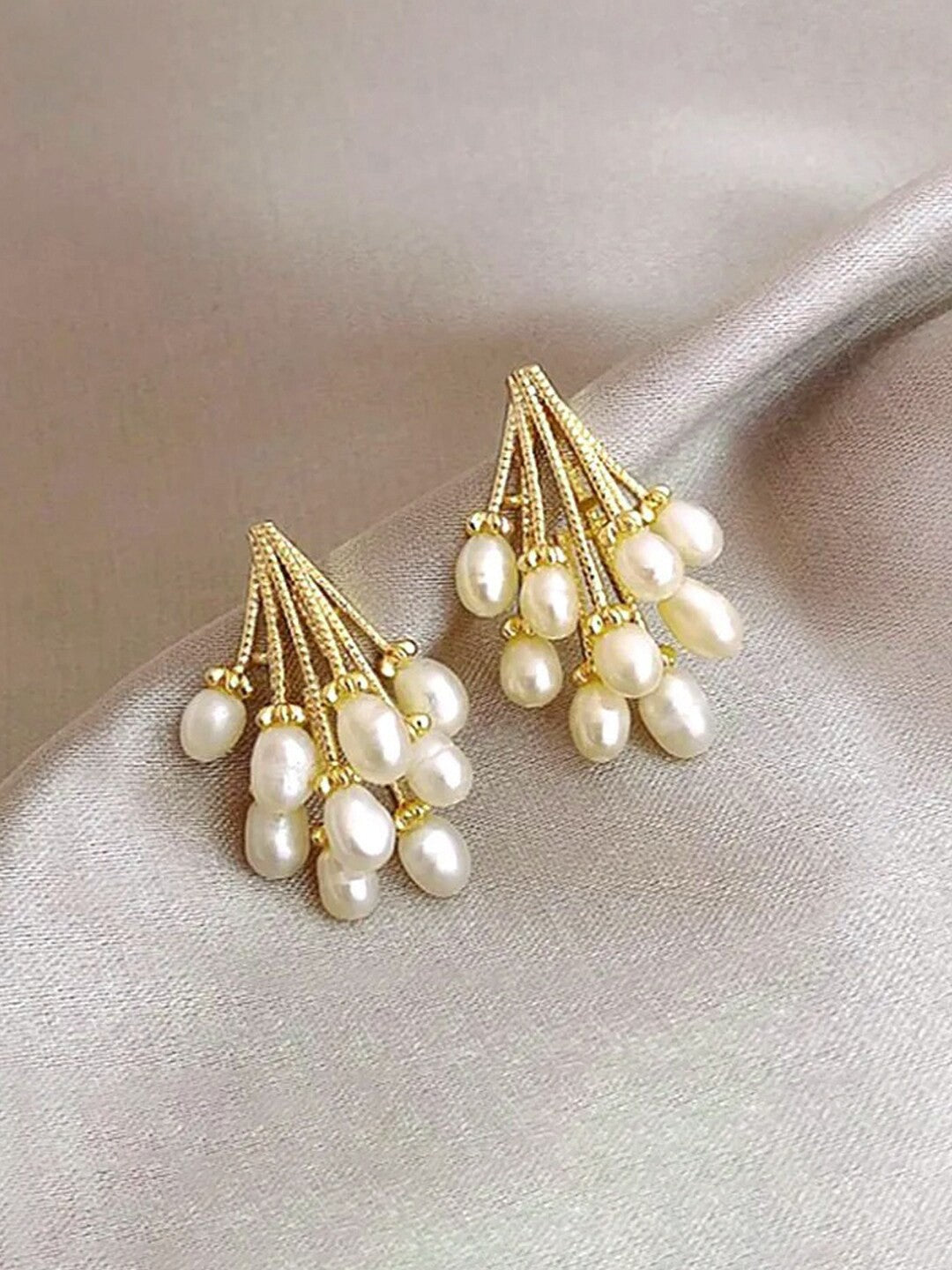 Gold-Toned Pearl Earrings, Elegant Tassel Beads Korean Earrings (MMIN1001)