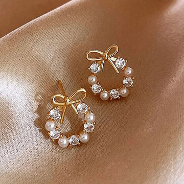 Gold-Toned Pearl & CZ Stone Studded Bowknot Earrings