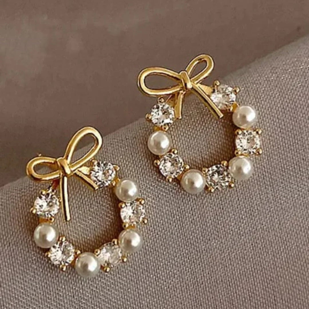 Gold-Toned Pearl & CZ Stone Studded Bowknot Earrings