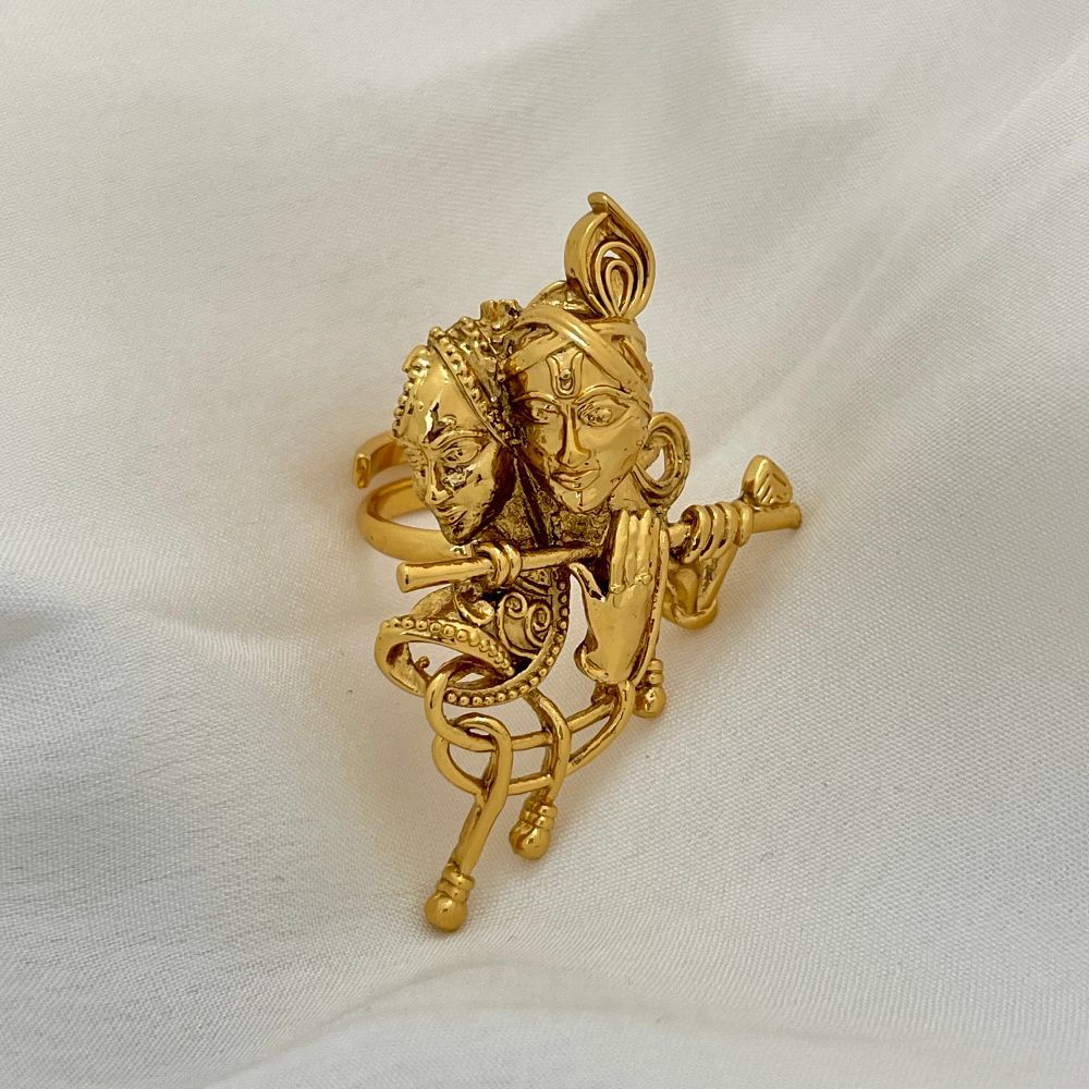 Gold-Toned Radha Krishna Adjustable Temple Ring