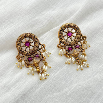 Gold-Toned Ruby Stone-Studded Traditional Guttapusalu Earrings