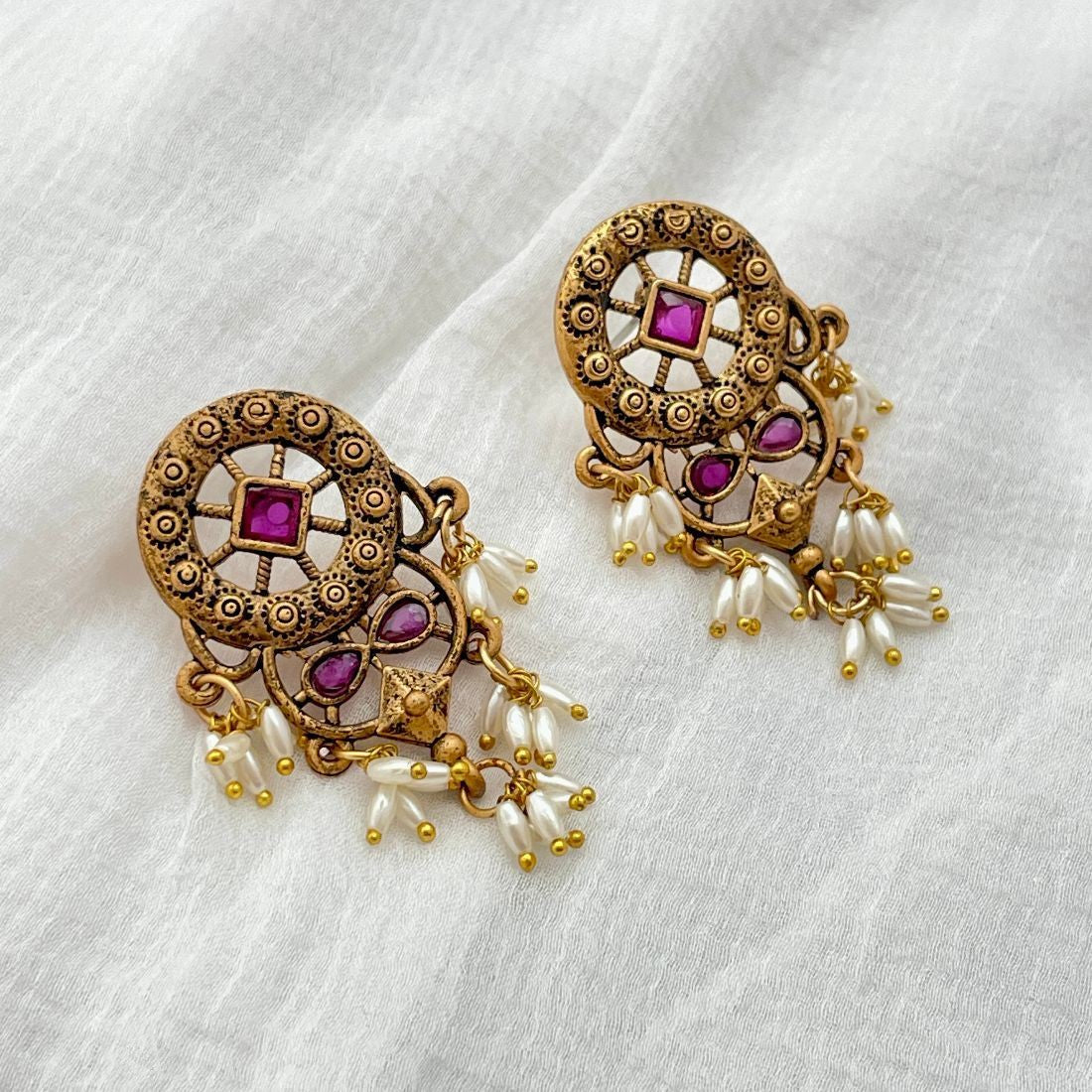 Gold-Toned Ruby Stone-Studded Traditional Guttapusalu Earrings