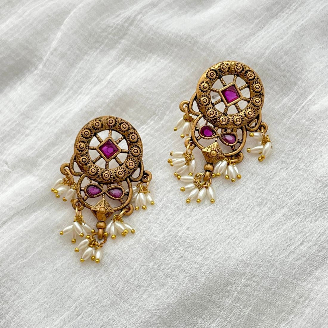 Gold-Toned Ruby Stone-Studded Traditional Guttapusalu Earrings