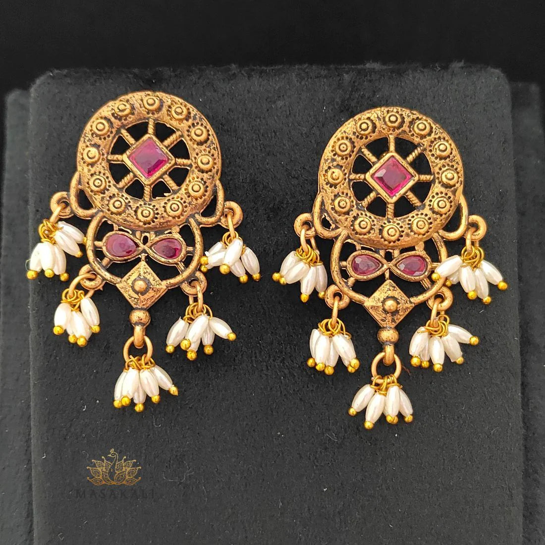 Gold-Toned Ruby Stone-Studded Traditional Guttapusalu Earrings