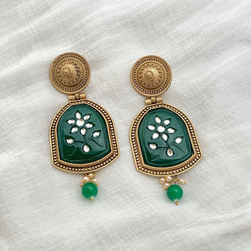 Gold-Toned Traditional Dangler Navratri Festive Earrings For Women, Green