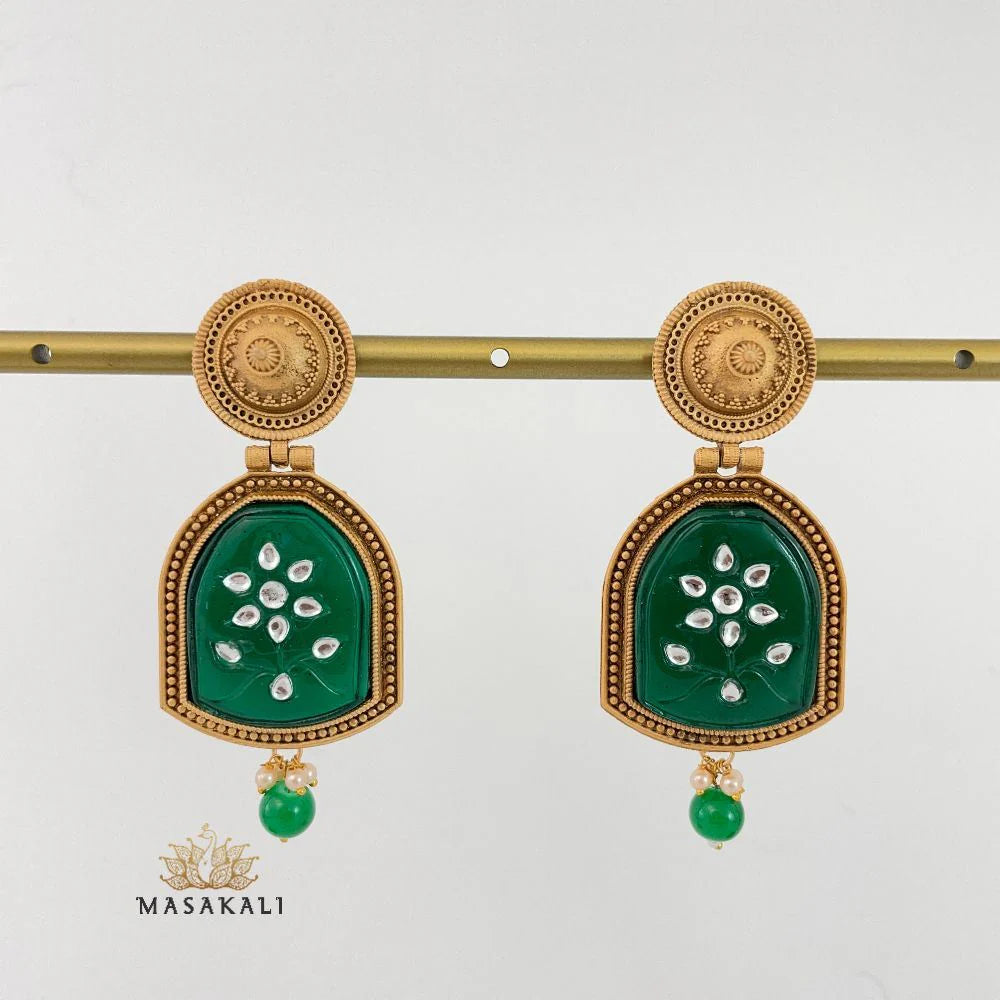 Gold-Toned Traditional Dangler Navratri Festive Earrings For Women, Green
