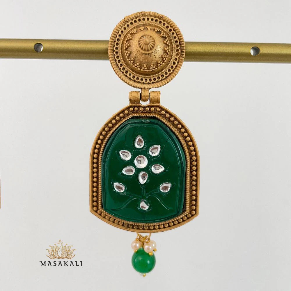 Gold-Toned Traditional Dangler Navratri Festive Earrings For Women, Green