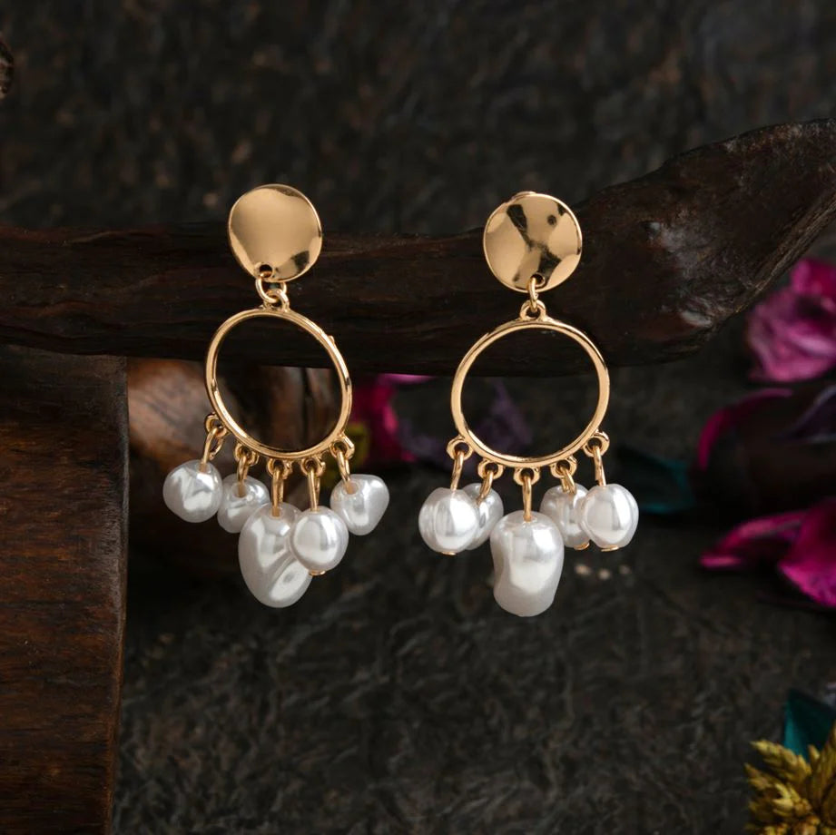 Gold-plated Hoop Earrings With Baroque Pearls, Small Circle Shaped Dangle Earrings (MTAR1042)