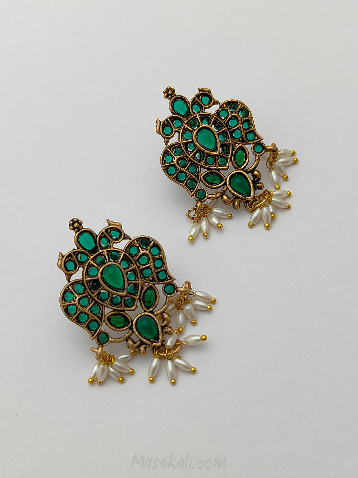 Gold-plated Indian Green Earrings, Handmade Beaded Earrings, Green Stones Earrings