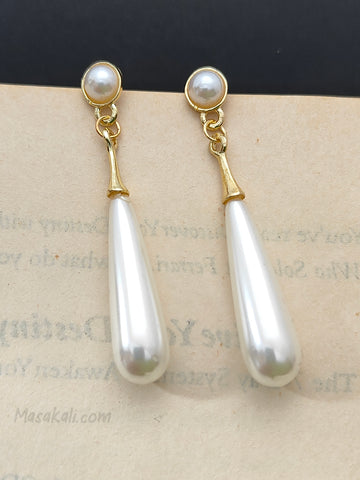 Gold-toned Droplet Shaped French Style Earrings Faux Pearl Korean Jewellery (MMIN1003)