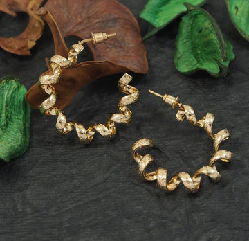 Gold-toned Spiral C-shaped Hoops, Contemporary Twisted Design Earrings (MTAR1026)