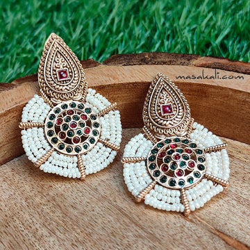 Gold-toned Traditional Indian Earrings, White Beaded Earrings (2210ERR1)