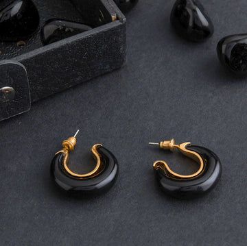 Gold Plated Acrylic Western Earrings, Geometric Shaped Half Hoop Earrings, Black