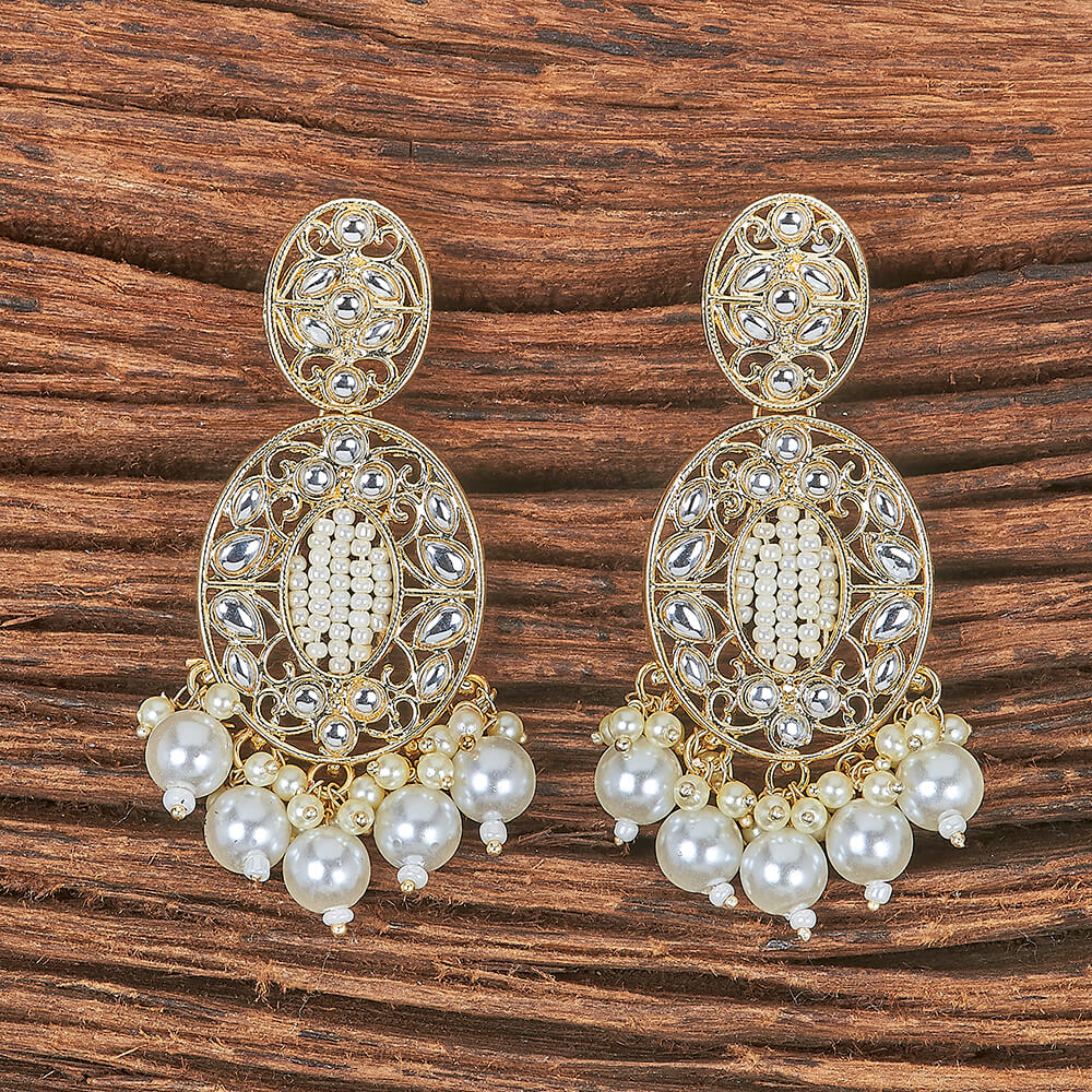 Gold Plated Kundan & Pearl Studded Dangler Earrings
