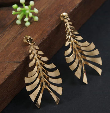 Gold Plated Leaf-Shaped Earrings, Monstera Drop Earrings For Women (MTAR1056)