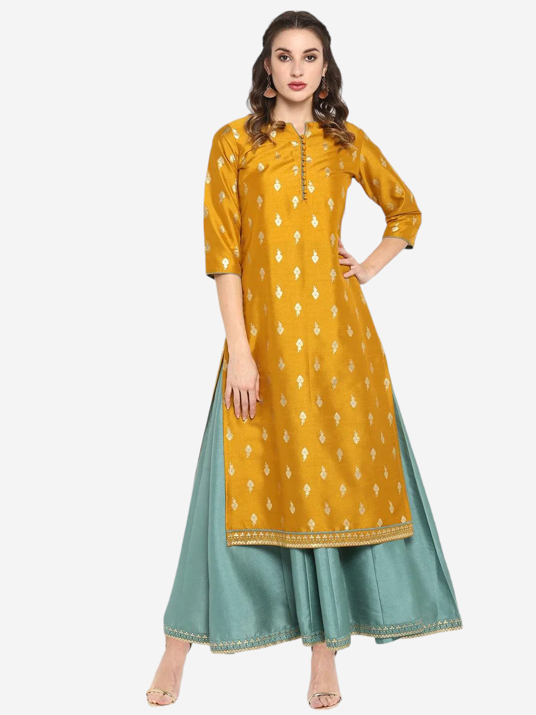 Light Green Poly Silk Gold Print Anarkali Ethnic Dress (MJAN1005)