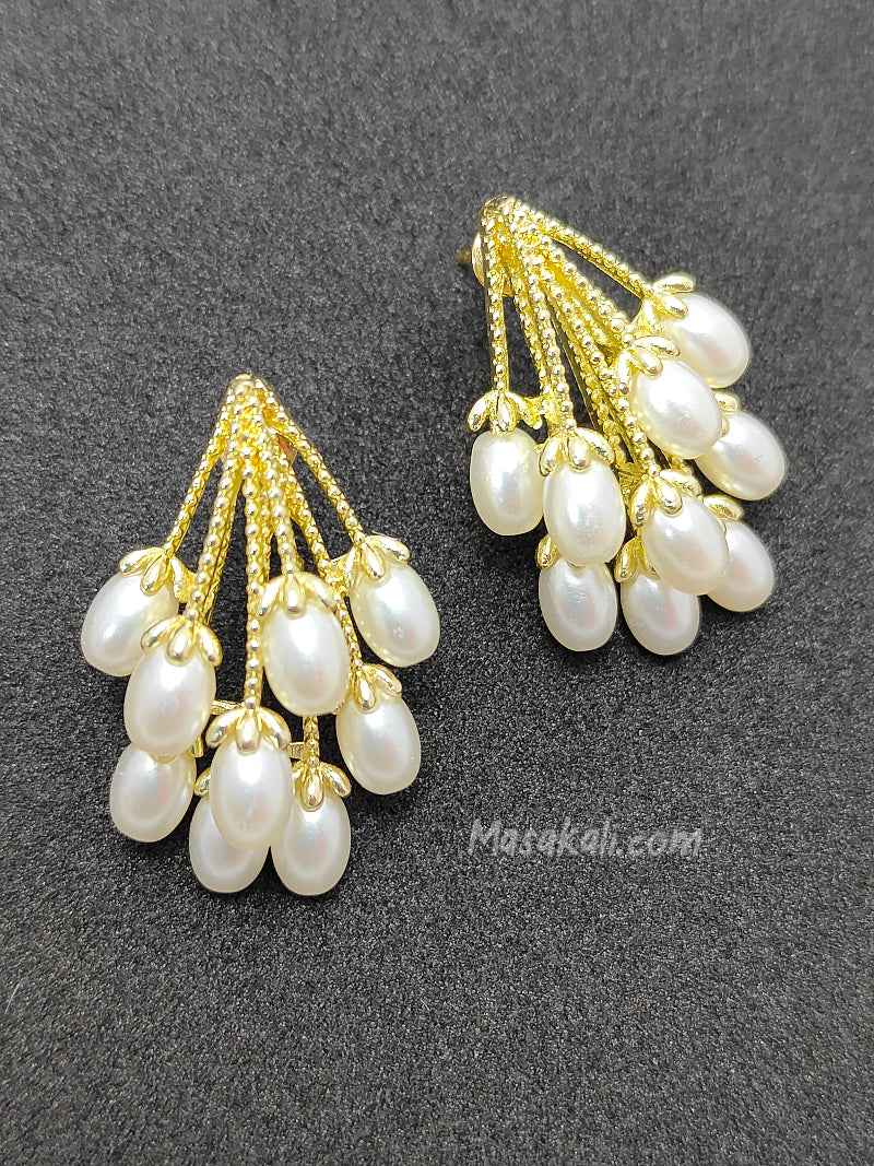 Gold Toned Pearl Earrings, Elegant Tassel Beads Korean Earrings