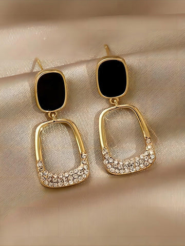 Gold Toned Rhinestone Statement Earrings Studded Drop Black Retro Style Korean Earrings (MMIN1007)