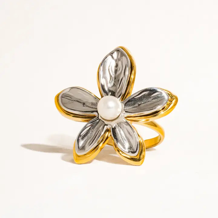 Gold & Silver Dual-Tone Flower Design Pearl Bloom Statement Ring