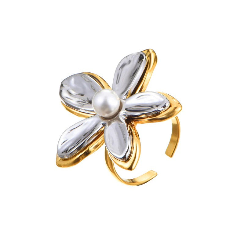 Gold & Silver Dual-Tone Flower Design Pearl Bloom Statement Ring